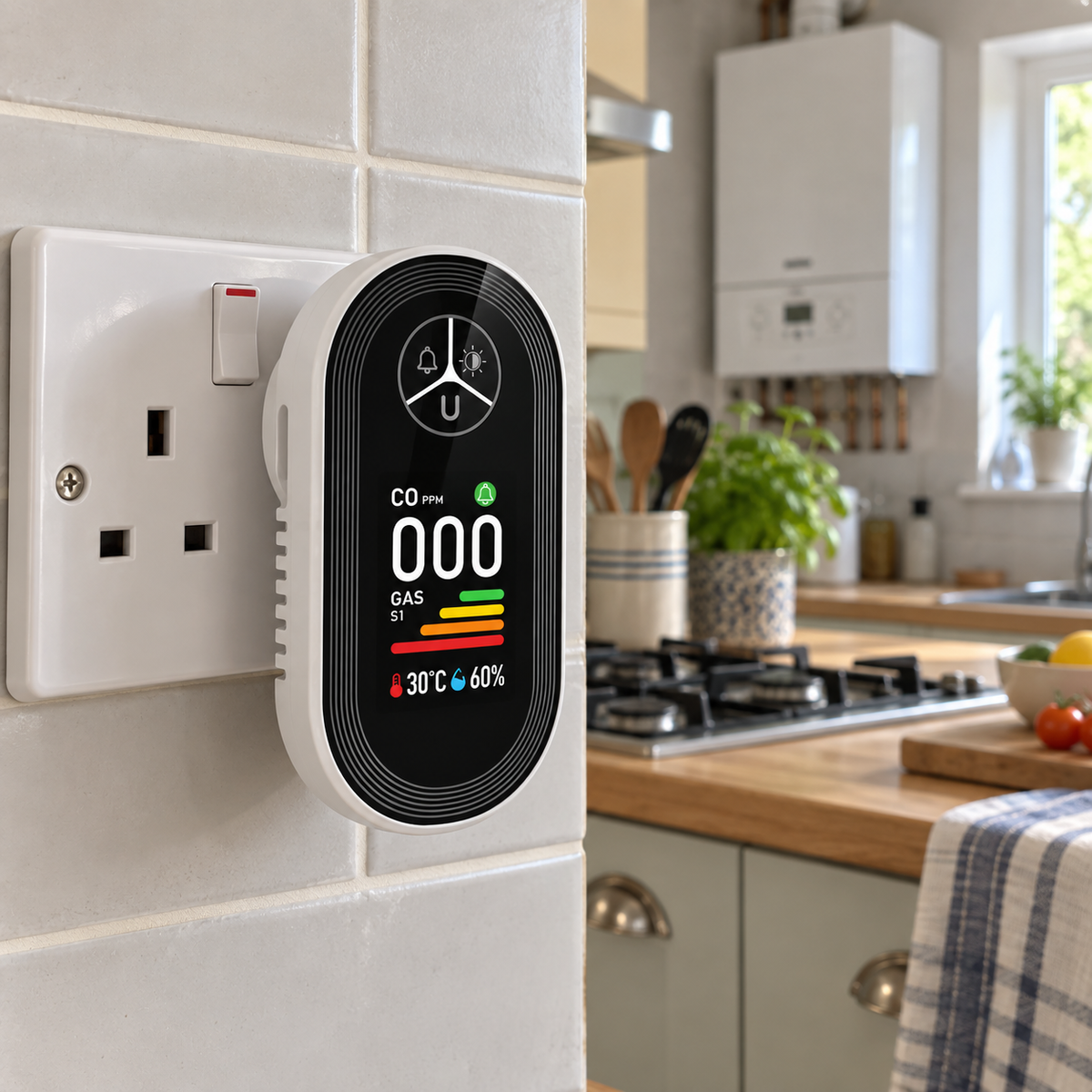 Gas detector plugged into a UK kitchen socket